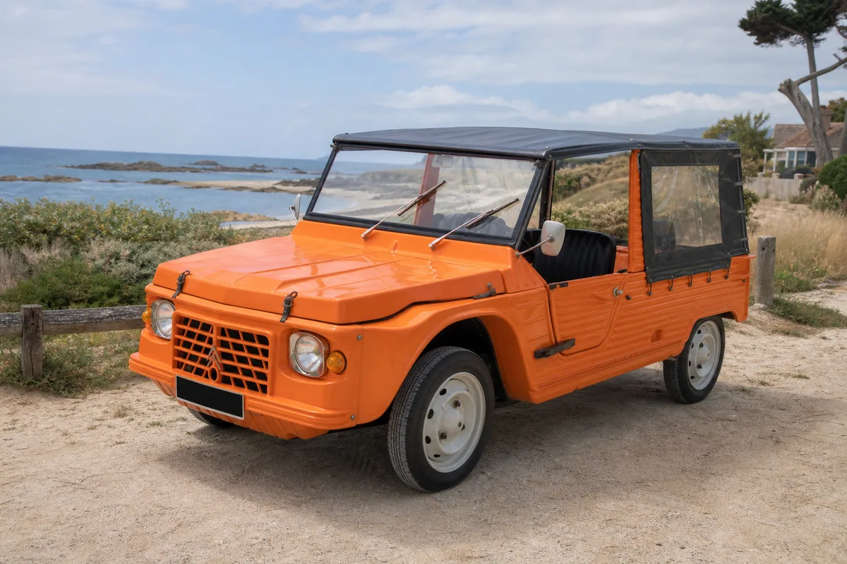 Citroën Méhari orange garée près d’une plage, carrosserie en plastique ABS et capote en toile