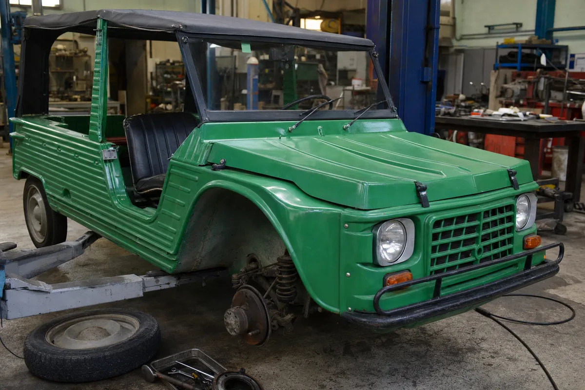 Citroën Méhari verte en cours d’inspection dans un atelier, roue avant démontée et châssis visible