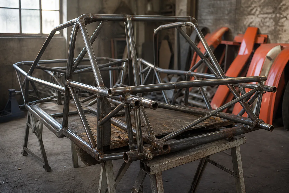 Citroën Méhari démontée dans un atelier, panneaux plastiques déposés et cadre tubulaire apparent